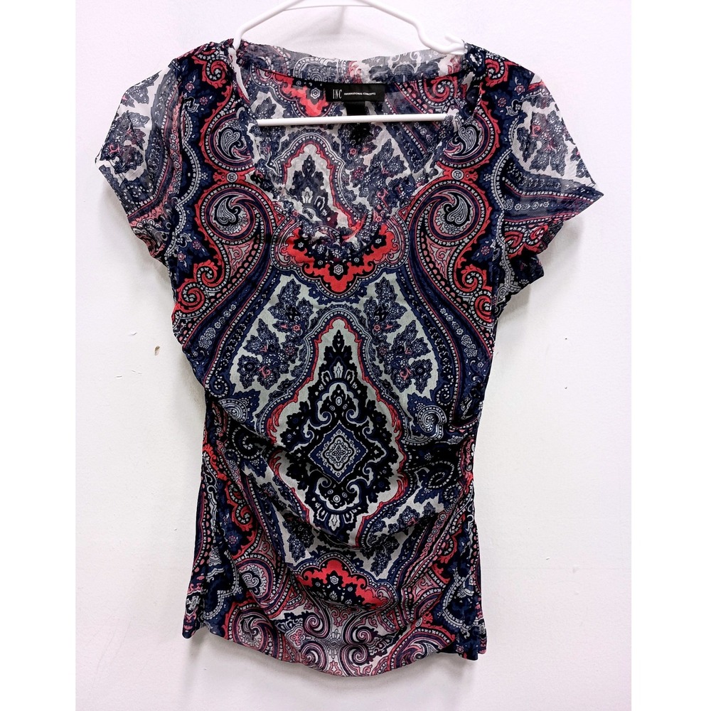 INC International Concepts Top Womens M Blue Paisley Sheer Mesh Ruched Casual